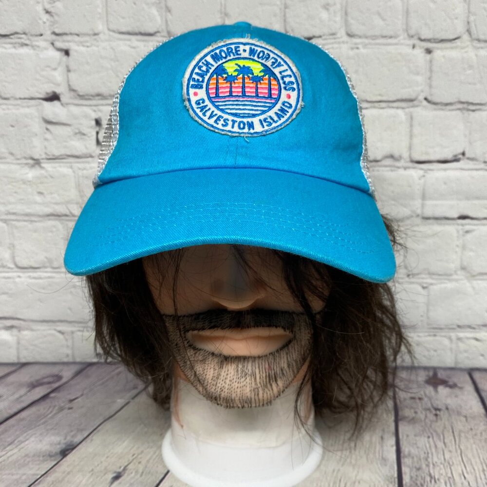 Trucker Hat Mesh Dad Cap Strap Back Blue Beach More Worry Less Galveston Island